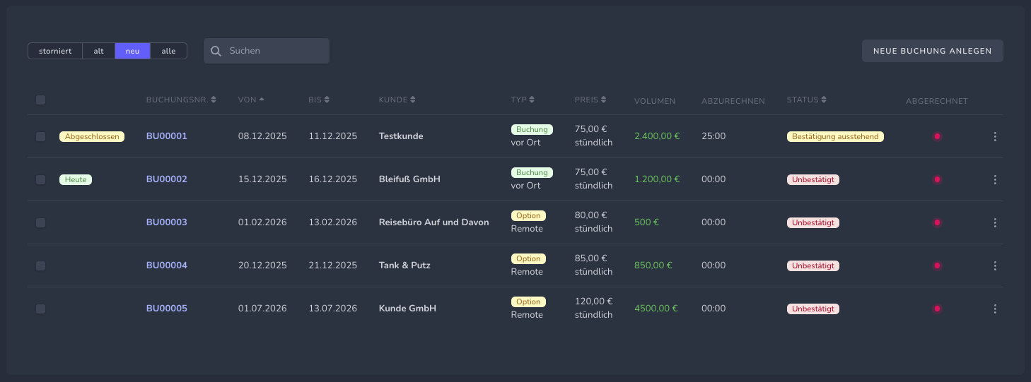 Kundenbuchungen Screenshot Dark Mode