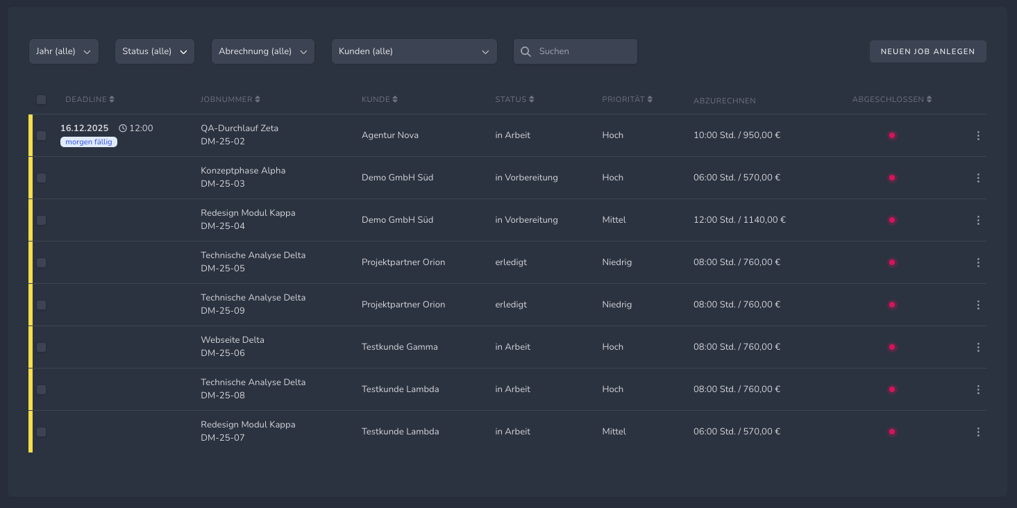 Projektmanagement Screenshot Dark Mode